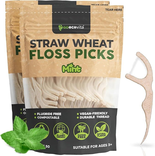 Dental Floss Picks - Straw Wheat Handle Flossers | Thin & Shred-Resistant Thread for Tight Gaps | Flossers for Adults | Gentle on Gums & Teeth | Vegan (100 Pack, Mint)