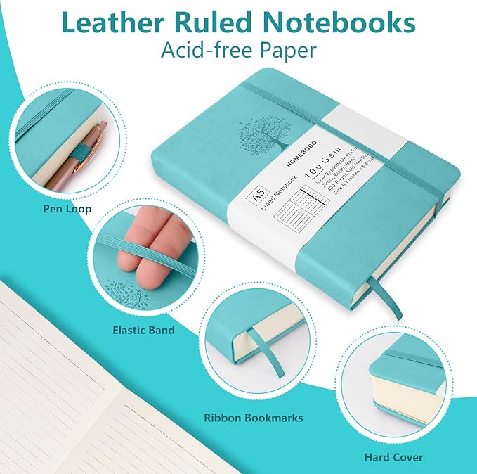 Journals for Writing, A5 Leather Ruled Notebook with 400 Pages, 100 Gms College Ruled Journal with Thick Paper, Hardcover with Inner Pocket & Pen Holder, Lake Green