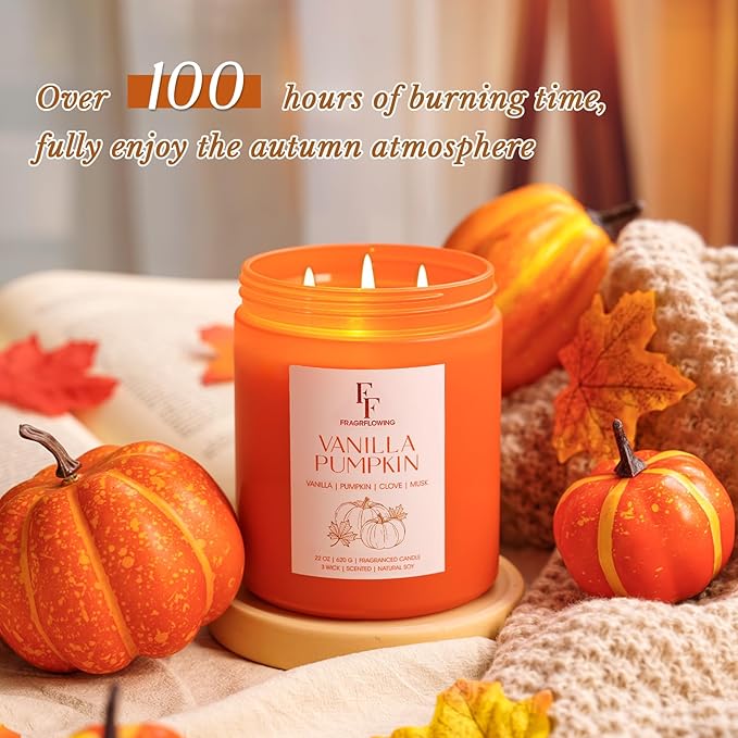 Large Fall Candle Vanilla Pumpkin Scented, 3-Wick 22oz Long Lasting Scented Candle, Natural Soy Wax Aromatherapy Candle for Home, Autumn Candle Gifts for Women Men