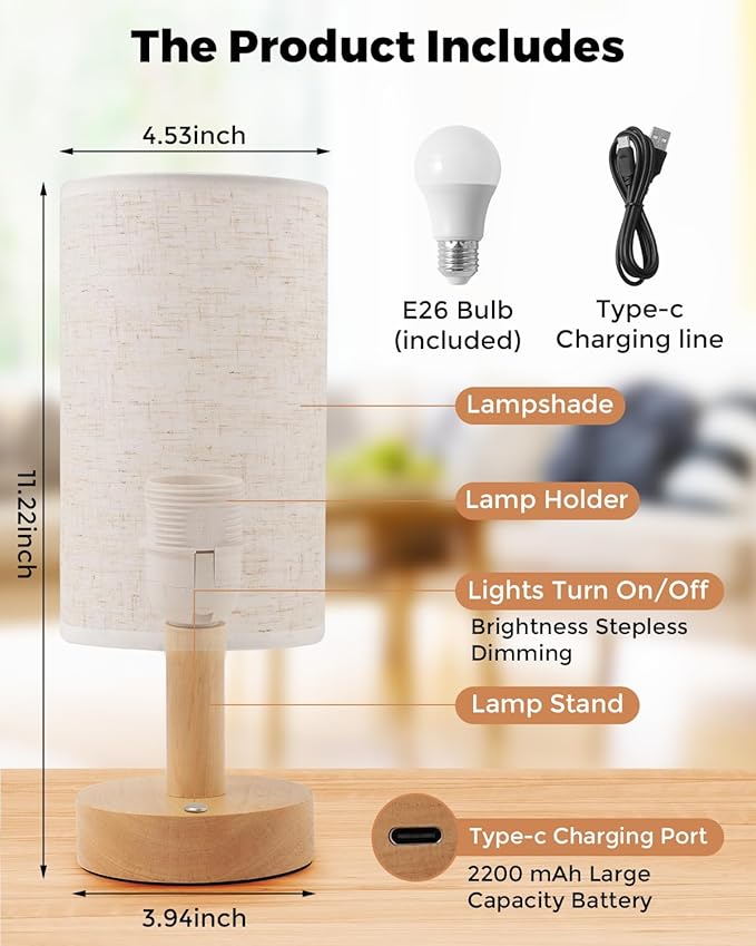 Cordless Table Lamp, 2200mAh Battery Operated Desk Lamp, Touch Bedside Lamps for Night Stands, Warm Light Mini Boho Lamp, Wood Base Round Flaxen Fabric Shade for Living Room,LED Bulb Included (Beige)