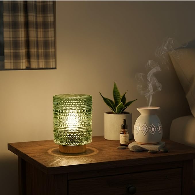 Battery Operated Lamp with Auto-Off Timer, Cordless Table Night Light for Bedroom & Entryway, Portable LED Lamp for Home, Outdoor, Camping No Battery Included (Pearl Design-Green)