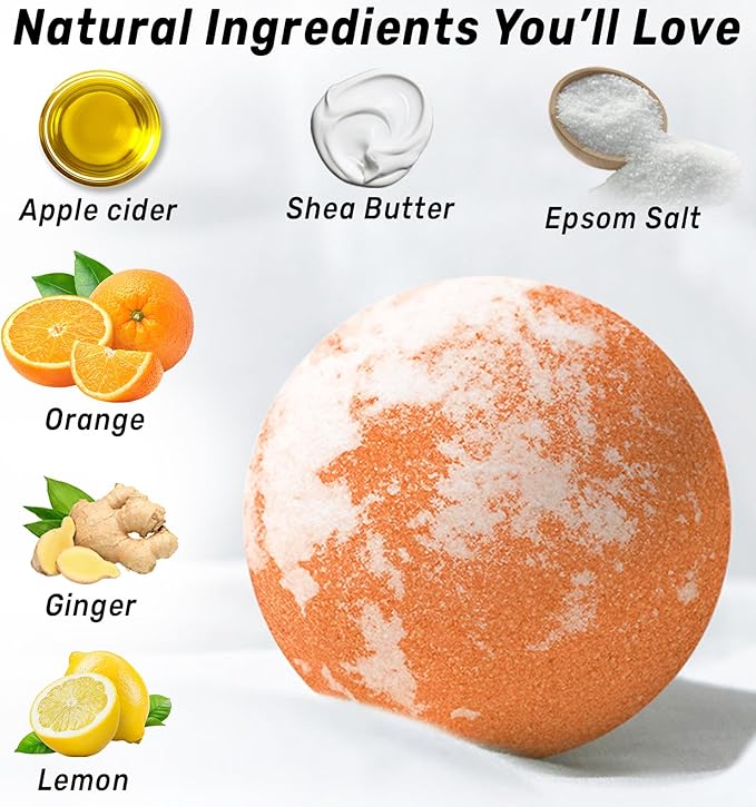 Natural Detox Bubble Bath Bombs Apple Cider Ginger Lemon Essential Oils Cleanse Hydrate Skin Extra Large Handmade Relaxing Spa Gift for Women Men