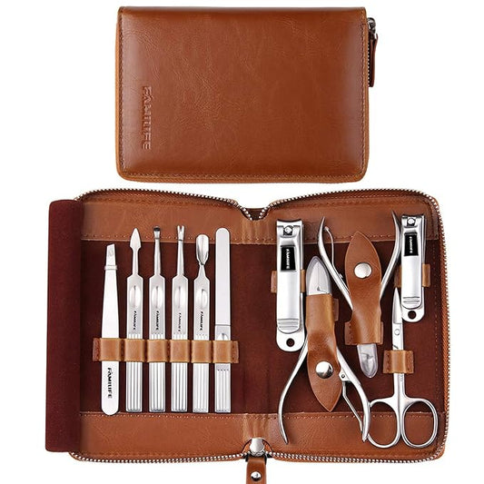 FAMILIFE Manicure Set, Professional Manicure Kit Nail Clippers Set 11 in 1 Stainless Steel Pedicure Tools Nail Kit Men Grooming Tool with Portable Brown Leather Travel Case Luxury Gifts for Him