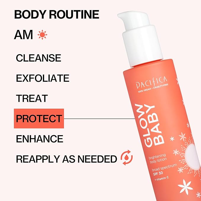 Pacifica Glow Baby Vitamin C SPF 30 Body Lotion – Brightening Daily Moisturizer + Broad Spectrum Sun Protection, Hydrating No White Cast Sunscreen for Glowing Skin, Clean Vegan & Cruelty-Free Skincare