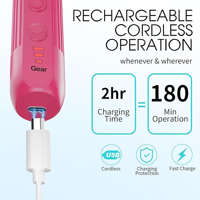 Professional Manicure Pedicure Kit -360° Light, Rechargeable Electric Nail Drill, Cordless Electric Nail File Set, 3 Speeds Hand Foot Care Nail Drill for Thick Nail Toenail Cuticle,Red