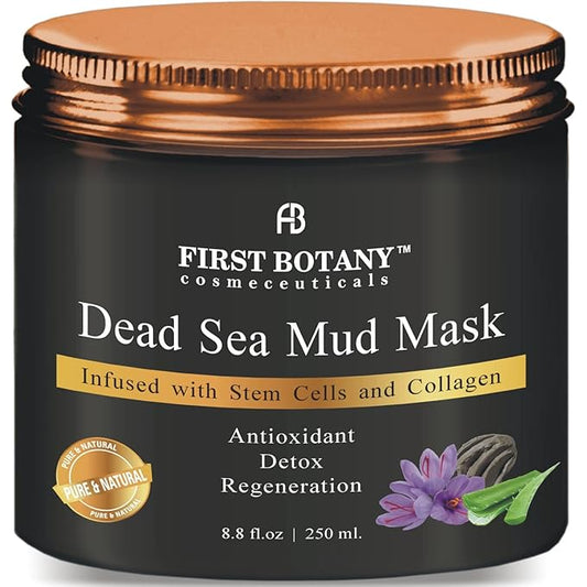 First Botany, 100% Natural Mineral-Infused Dead Sea Mud Mask 8.8oz Stem Cells Facial Treatment Skin Cleanser Pore Reducer Anti Aging Acne Treatment Blackhead Remover Cellulite & Natural Moisturizer