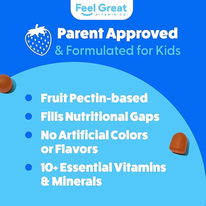 Feel Great Kids Multivitamin Gummies | Citrus & Strawberry Flavored Vitamins for Kids | Multivitamin Gummies with Vitamin D for Bone, Muscle & Immune Support | Chewable Vitamins | 45-Day Supply