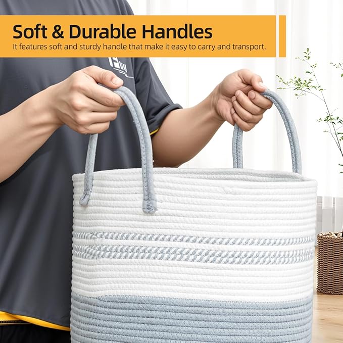 72L Tall Laundry Basket, Cotton Rope Laundry Hamper, Laundry Hamper with Handles, Decorative Woven Basket for Dirty Clothes, Blankets, Pillows in Bathroom, Bedroom (Gray, 16 x 22in)