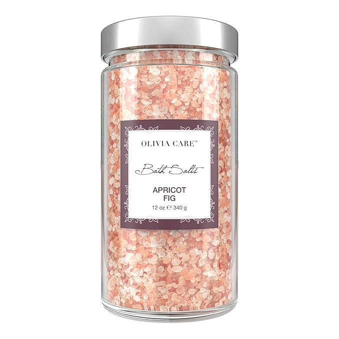 Olivia Care Pink Himalayan Bath Salts with Apricot Fig - Relieves & Relax Muscles. Exfoliate, Heal, Rejuvenate, Cleansing & Soothes Skin | Made with Natural Ingredients. Fresh Fragrance - 12 OZ