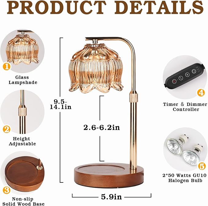 Candle Warmer Lamp with Timer, Christmas Birthday Gifts for Women Mom, House Warming New Home Room Decor, Height AdjustableCandle Heater Lamps for Jar Scented Candles with 2 Bulbs