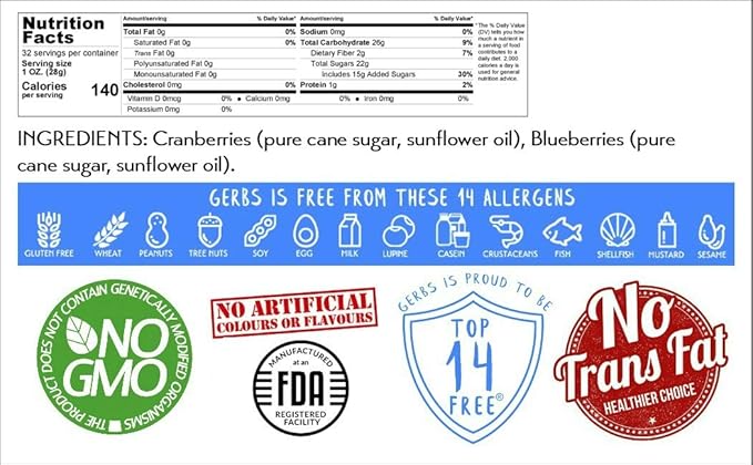 GERBS Blueberry & Cranberry Dried Fruit Snack Mix 2 LBS. Premium Grade | Top 14 Food Allergy Free | Resealable Bulk Bag | Made in USA | Packed with Antioxidants | Gluten Peanut Tree Nut Free