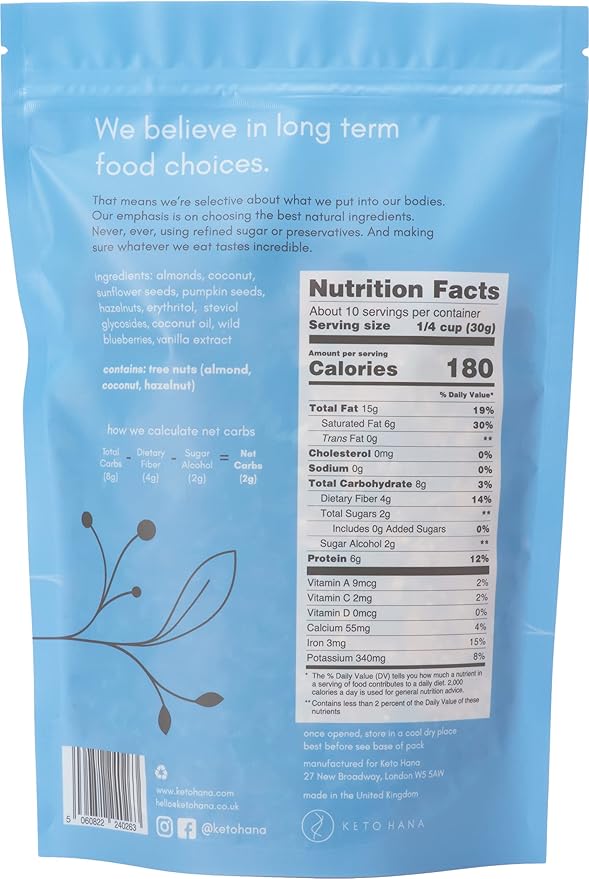 Keto Hana Wild Blueberry Keto Granola Keto Diet Vegan Grain Free Dairy Free Plant Based No Refined Sugars Gluten Free 2g Net Carbs Breakfast Cereal - 11oz