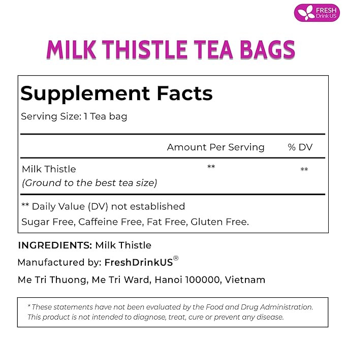 FreshDrinkUS, Premium 30 Milk Thistle Tea Bags, 100% Natural & Pure from Milk Thistle Seeds. Milk Thistle Seed Herbal Tea. Made with Natural Material Tea Bags. No Sugar, No Caffeine, No Gluten, Vegan.