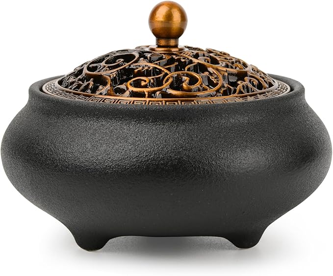 Ceramic Incense Burner with Incense Stick Holder,Use for Stick/Coil Incense,Sage, Mosquito Incense and Charcoal,Handmade for Cleansing House Negative Energy & Other Smudging Rituals (Black)
