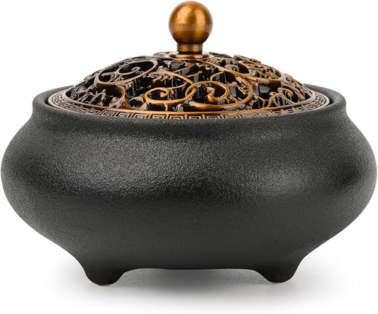 Ceramic Incense Burner with Incense Stick Holder,Use for Stick/Coil Incense,Sage, Mosquito Incense and Charcoal,Handmade for Cleansing House Negative Energy & Other Smudging Rituals (Black)