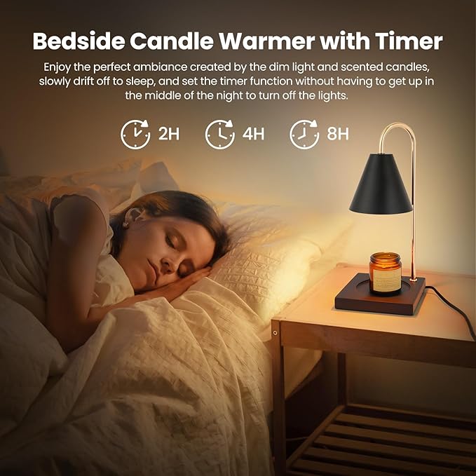 Dimmable Candle Warmer with Timer - Black Nightstand Lamp for Bedroom (2 Wax Warmer Bulbs)