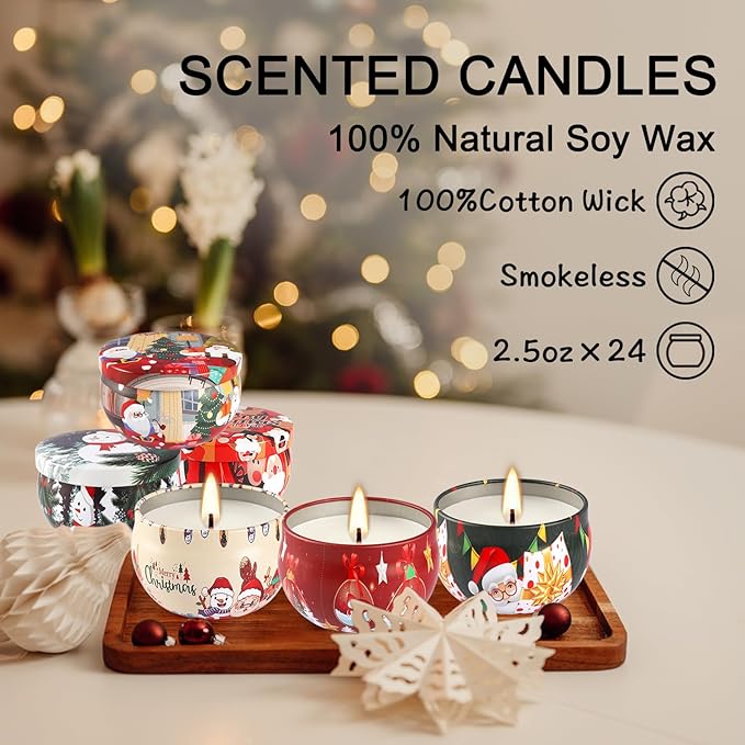 24Pack Christmas Scented Candle Tins Gift Set - Soy Wax Festive Aromatherapy Candles 2.5oz- Smokeless Long Lasting Burn time for Christmas Gifts Holiday Decor & Gifting.