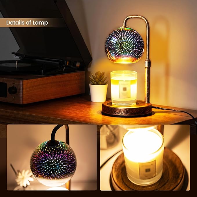 Glocusent Candle Warmer Lamp with 3D Glass Globe, Antique Base, Dimmable Height Adjustable Wax Melter for Scented Jar Candles, 2-8H Auto Timer, Christmas Birthday Gifts for Women, Home Decor Lighting