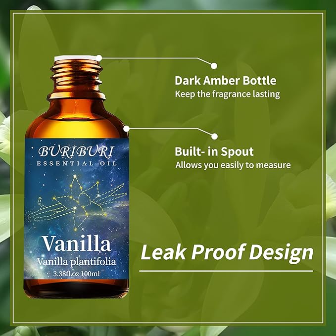 BURIBURI Pure Vanilla Essential Oil and Coconut Oil 100ml Organic Aromatherapy Oils 3.38 fl.oz Coconut Essential Oil for Diffuser Humidifier