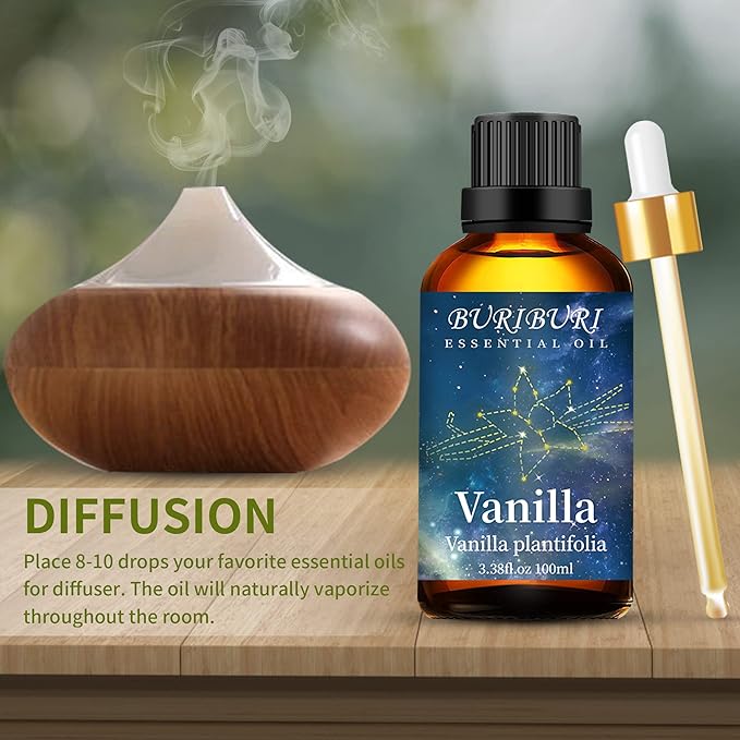 BURIBURI 100ML Vanilla Essential Oil, 100% Pure Undiluted Aromatherapy Vanilla Oil 3.38fl.oz for Soap, Candle Making, Massage, Diffuser, Humidifier