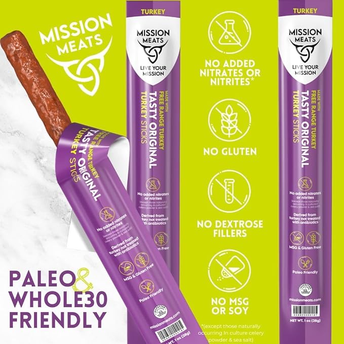 Mission Meats Turkey Sticks – 100% Free Range, Zero Sugar, Healthy Snacks, 9g Protein, Individually Wrapped Jerky Meat Sticks, Paleo & Whole 30 Friendly, 1oz (24ct)