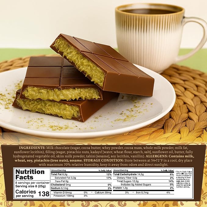 Dubai Kunafa Pistachio Chocolate Bar, 7 oz – Crispy Knafeh Layers with Pistachio Paste, Gourmet Dessert Gift