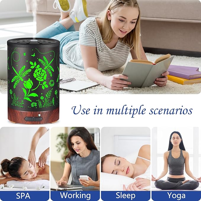 Essential Oil Diffuser- Aromatherapy Diffuser with7 Colors Light, and Auto-Off - Metal Cool Mist Humidifier for Home and Office（Roses + Dragonflies）…