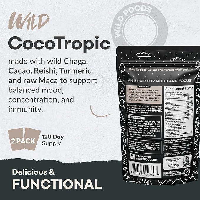 Wild Cocotropic Organic Mushroom Cocoa Mix - Healthy Vegan Hot Chocolate Mix - Organic Cacao Powder, Reishi, Chaga, Maca, Turmeric - 3rd Party Tested - Sugar Free - Keto & Paleo - (2 packs of 16oz)