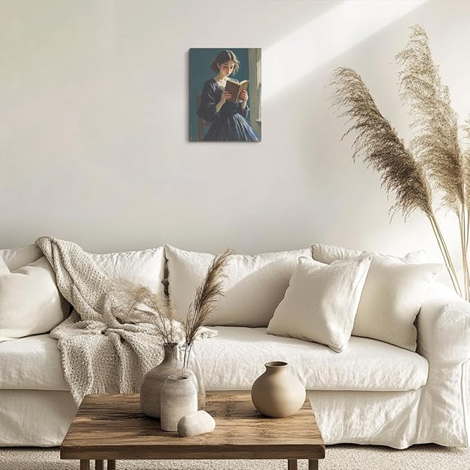 Classical Reading Woman Portrait Wall Art, Renaissance Style Vintage Oil Painting Canvas Framed Prints Decor, Retro Poster for Library Bedroom Book Shelf Living Room Entryway Aesthetic.