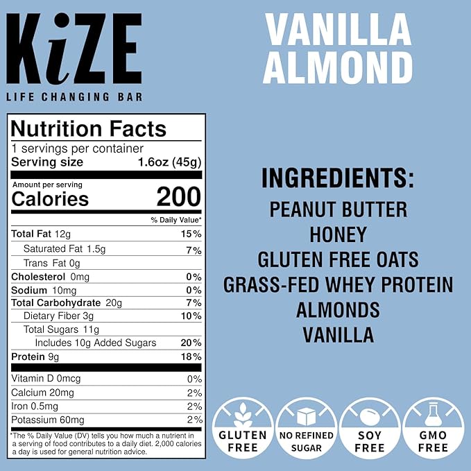 KiZE Energy Bars - Vanilla Almond - 30-Count - Gluten Free, Non-GMO, and High Protein Meal Replacement Energy Bars, Clean and Simple Food Ingredients - 10g High Protein Snacks (30 Count)
