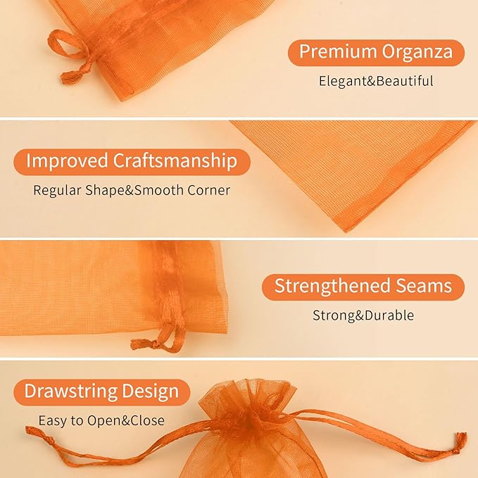 50 Pack Orange Organza Bags 6x9 Inch, Mesh Bag Drawstring for Candy Party Favor, Mesh Gift Bag for Halloween Treat