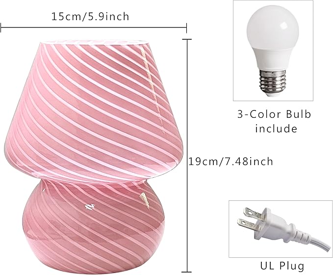 jonong Bedside Lamp Glass Striped Mushroom Table Lamp 110V Creative Gift Night Light (Pink)