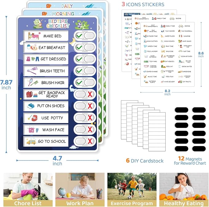 3 in 1 Bedtime/Morning/Daily Routine Chart for Kids, Magnetic Chore Chart for Kids with Cute Chore Stickers, Visual Schedule for Kids with Autism, Cute to Do List Checklist for Kids