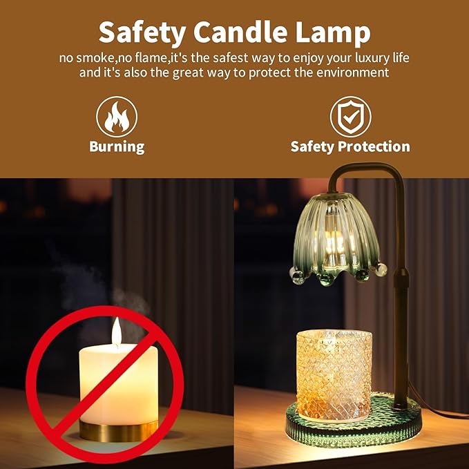 Candle Warmer Lamp with Timer: Adjustable Height and 4 Dimmer, Crystal Glass Base, Heater Wax Warmer for Jar Scented, Home Décor and Housewarming & Birthday Gift for Mom Woman, 2 Bulbs (Crown Green)