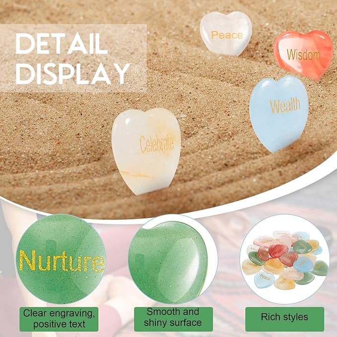 Fabbay 30 Pcs Heart Inspirational Stones, Good Gifts for Encouragement Heart Stones with 30 Different Words, Engraved Worry Rocks Bulk As Meditation Decorations, Party Gifts for Friends (1.2 Inch)