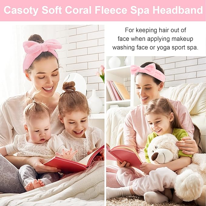 Casoty 8 Pcs Skincare Headbands, Microfiber and Soft Coral Fleece Bow Hair Band for Makeup, Face Washing, Shower, Skin Care, and Yoga