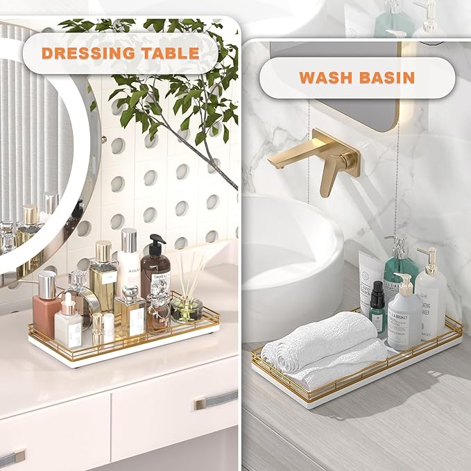 Bathroom Toilet Tank Tray, 13" Wood Toilet Paper Storage Basket Tray Back of Toilet Basket Organizer,Vanity Tray for Perfume Makeup Candle Decor, Gold & White