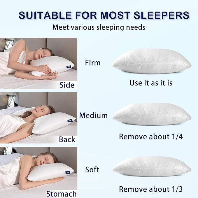 Cooling Memory Foam Pillows for Deep Sleep Bed Pillow forNeck Support with Removable & Washable Cover Cooling Pillow for Neck PainRelief Pillow for Shoulder & Back Queen+Extra Fill Pack of 2