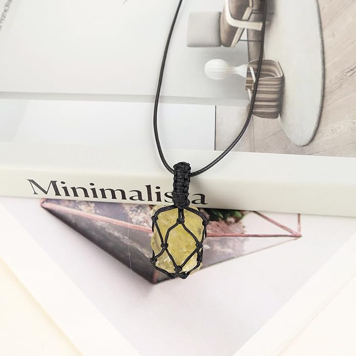 Handmade Natural Gemstone Crystal Pendant Necklace Stone Holder Necklace Cord Net Necklace with Adjustable Length for Women Men