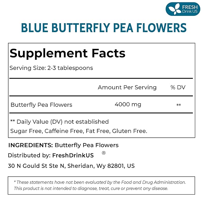 FreshDrinkUS, Premium 16oz Blue Butterfly Pea Flowers Dried – Premium Whole Flower Herbal Tea – Vibrant Blue Natural Color – Caffeine-Free Loose Flower Tea. Vegan