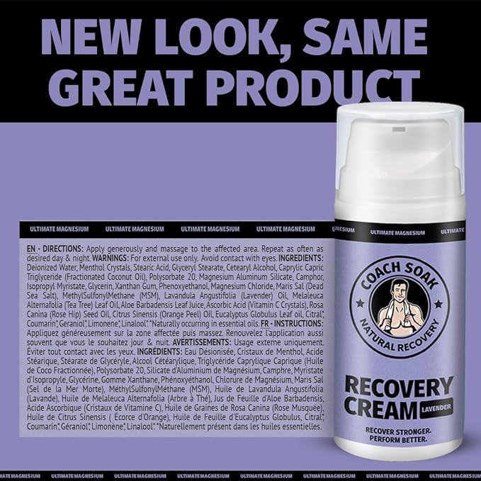 Coach Soak Magnesium Cream with MSM in Pump Bottle - Natural Recovery Cream with Magnesium Chloride & Menthol - Fast-Absorbing for Muscles & Joints, Lavender 3.4oz