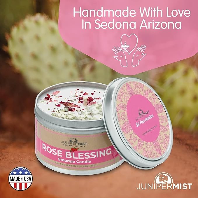 Rose Smudge Candle (6oz) Love and Healing – Energy Cleansing Candle - Real Sage & Essential Oils – Spiritual for Protection, Meditation & Manifestation – Soy-Based - Made in The USA