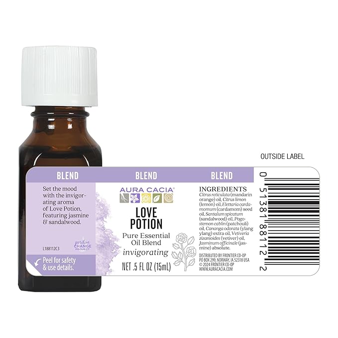 Aura Cacia Love Potion Essential Oil Blend | Romantic Aromatherapy with Jasmine, Ylang-Ylang, Sandalwood, Patchouli, Mandarin, Lemon, Cardamom, Vetiver | 0.5 Fl Oz (Pack of 1)