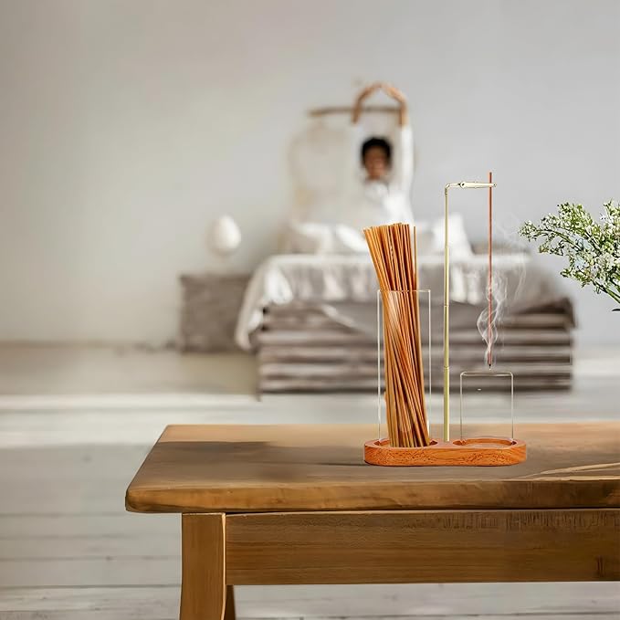 2 in 1 Incense Holder for Sticks(Height Adjustable), Anti-Ash Flying Insence-Sticks Burner with Glass Incense Holder Organizer for Meditation Yoga Spa Home Decor Sage (Golden Metal Rod)