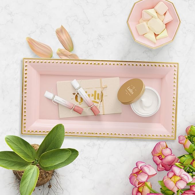 2 Pack Pink Bathroom Vanity Tray for Countertop with Beads, Small Plastic Toilet Tank Versatile Storage Organization Tray for Makeup, Perfume, Desk, Kitchen, Candles, 14"x7"x1", 36P