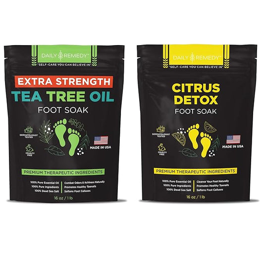 DAILY REMEDY EXTRA STRENGTH Tea Tree Oil & Citrus Detox Foot Soak Set - Made in USA - Soothes Sore Tired Feet, Athletes Foot, Stubborn Foot Odor, Softens Calluses & Refreshes & Detoxifies - Pack of 2