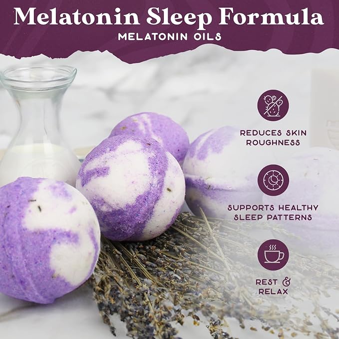 Purple Canyon Bath to Bed Natural Bath Bombs | Calming and Relaxing Sleep Support with Melatonin | Lavender and Coconut Milk Scented Handmade Bath Bombs Set