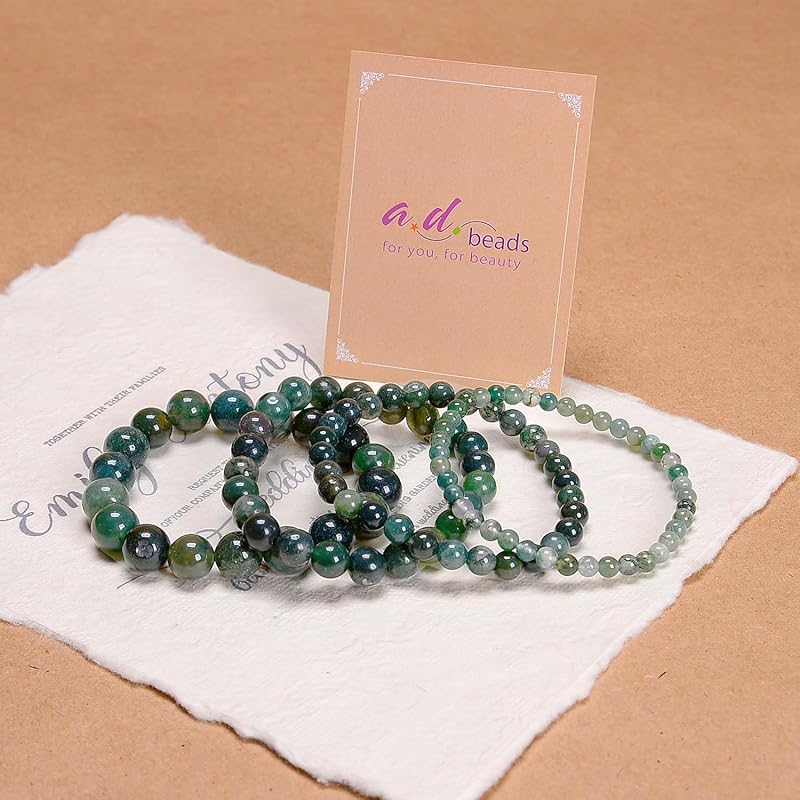 AD Beads Handmade Gemstone Stretch Elastic Bracelet Crystal Healing Reiki Nature's Beauty and Spiritual Essence Unisex (6mm, Moss Agate (Universal Connection))