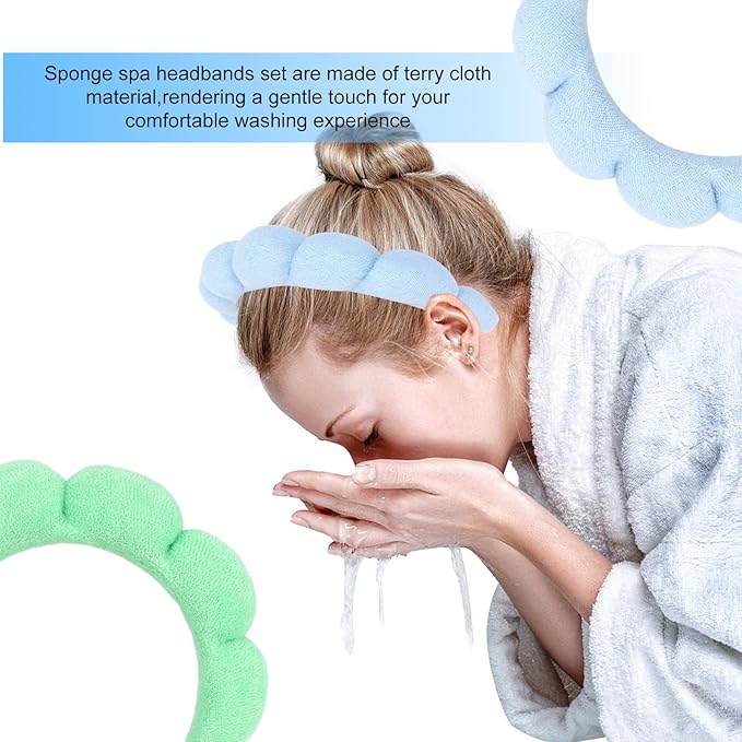 AMCAMI Puffy Spa Headband for Women Sponge Headbands for Girls 2 PCS Terry Towel Cloth Fabric Head Band for Skincare,Makeup Removal,Face Washing,Facial Mask,Shower,Hair Accessories（Blue&Light Green）