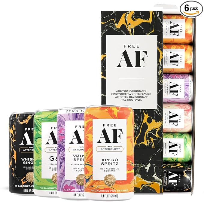 AF Drinks Non-Alcoholic Tasting Pack | Alcohol Alternative Sparkling Cocktails with AFTERGLOW Botanical Warmth | Gluten-Free, Low-Calorie | 8.4 oz Cans. Variety 6 Pack